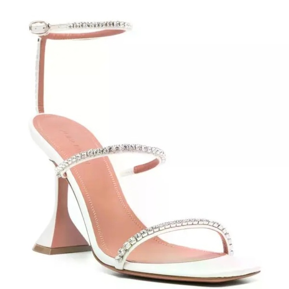 Amina Muaddi White Crystal-Trim Pink Insole Flared-Heel Sandals
